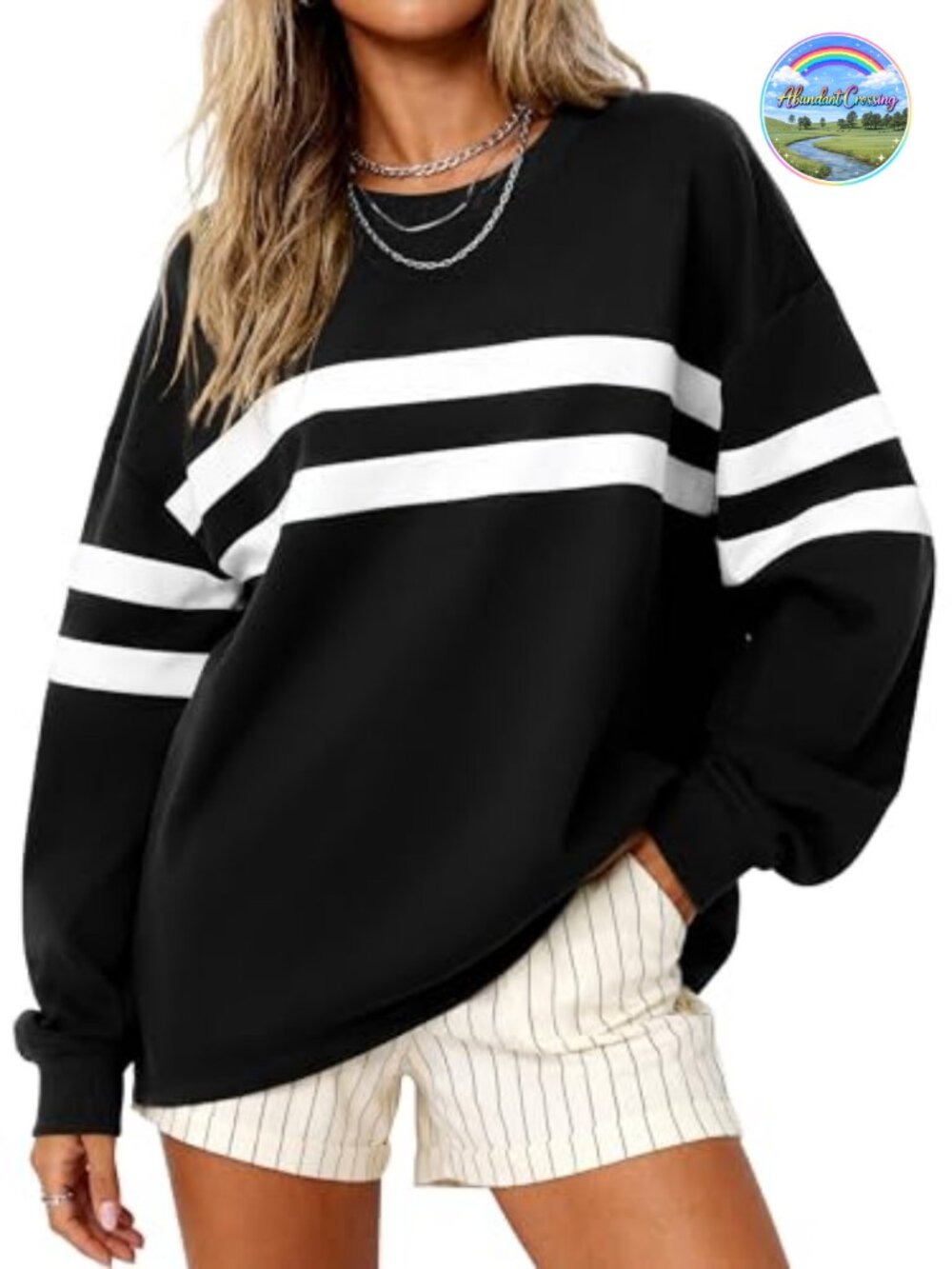 Women's Oversized Striped Crewneck Sweatshirt Long Sleeve Pullover